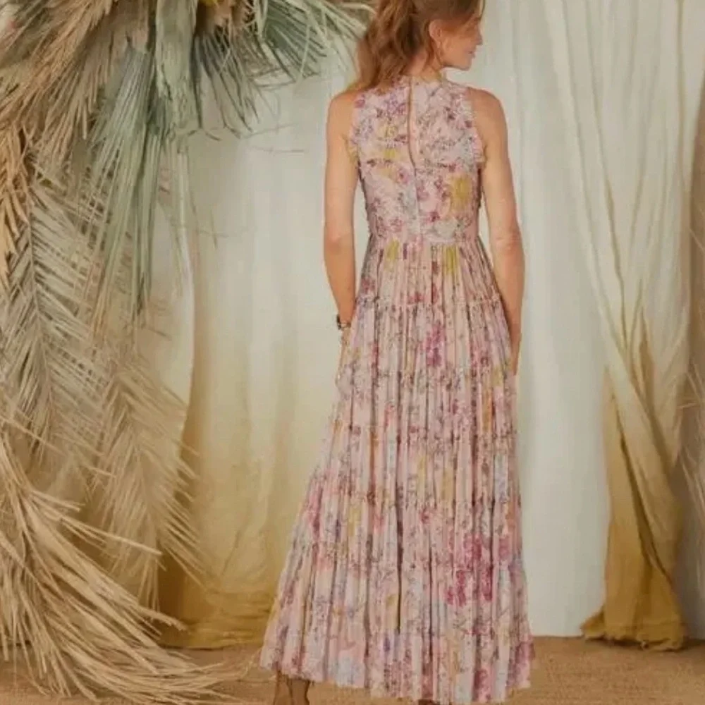 Maxi Let Me Be Jenny Dress S Floral Tiered Ruffled Mesh Sleeveless Fairy Cottage - Picture 2 of 2